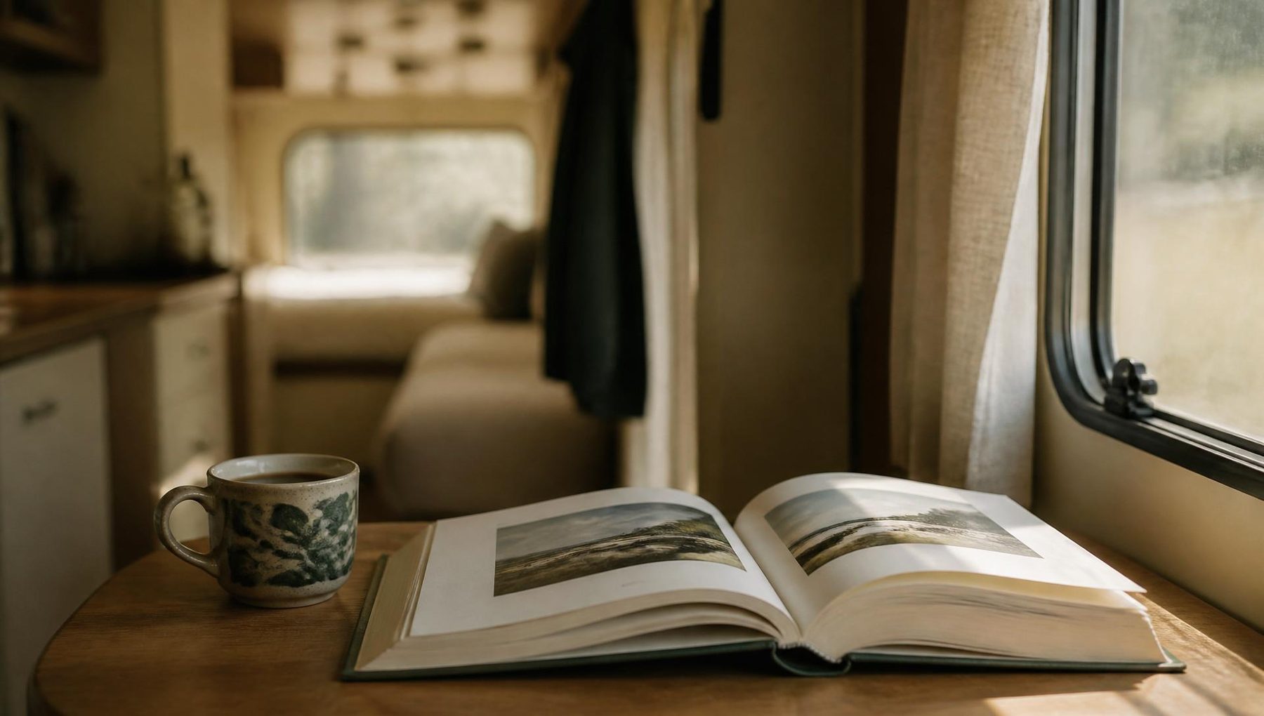 An open book resting on a small table inside Pixi